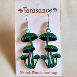 Blue Green Mushroom Earrings Shrink Plastic